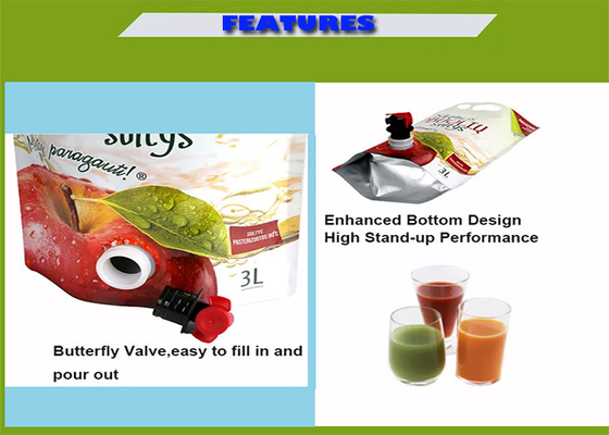Aseptic 1L 1.5L 3L 5L Stand Up Pouch Dengan Vitop Tap Lipat Ganda BIB Wine With Spigot