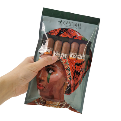 Custom Resalable Foil Ziplock Three Side Seal Natural Leaf Cigar Wrap Moisturizing Plastic Packaging Bag dengan jendela yang jelas