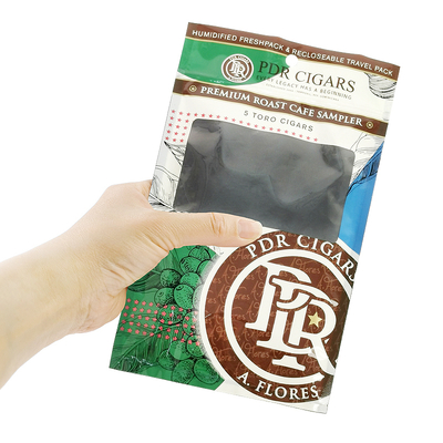 Custom Resalable Foil Ziplock Three Side Seal Natural Leaf Cigar Wrap Moisturizing Plastic Packaging Bag dengan jendela yang jelas