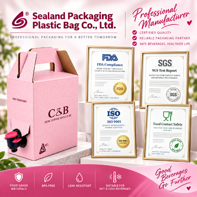 Desain persegi panjang plastik Bag In Box bersertifikat ISO yang cocok untuk kemasan cairan di sektor makanan dan minuman dan kimia