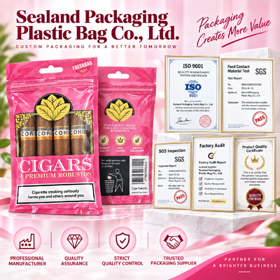 cigar bags custom fabricated from MOPP PE material structure designed to maintain cigar freshness