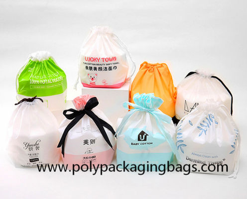 Frosted CPE White LDPE Ribbon Plastic Drawstring Bags Untuk Kemasan Makanan Ringan